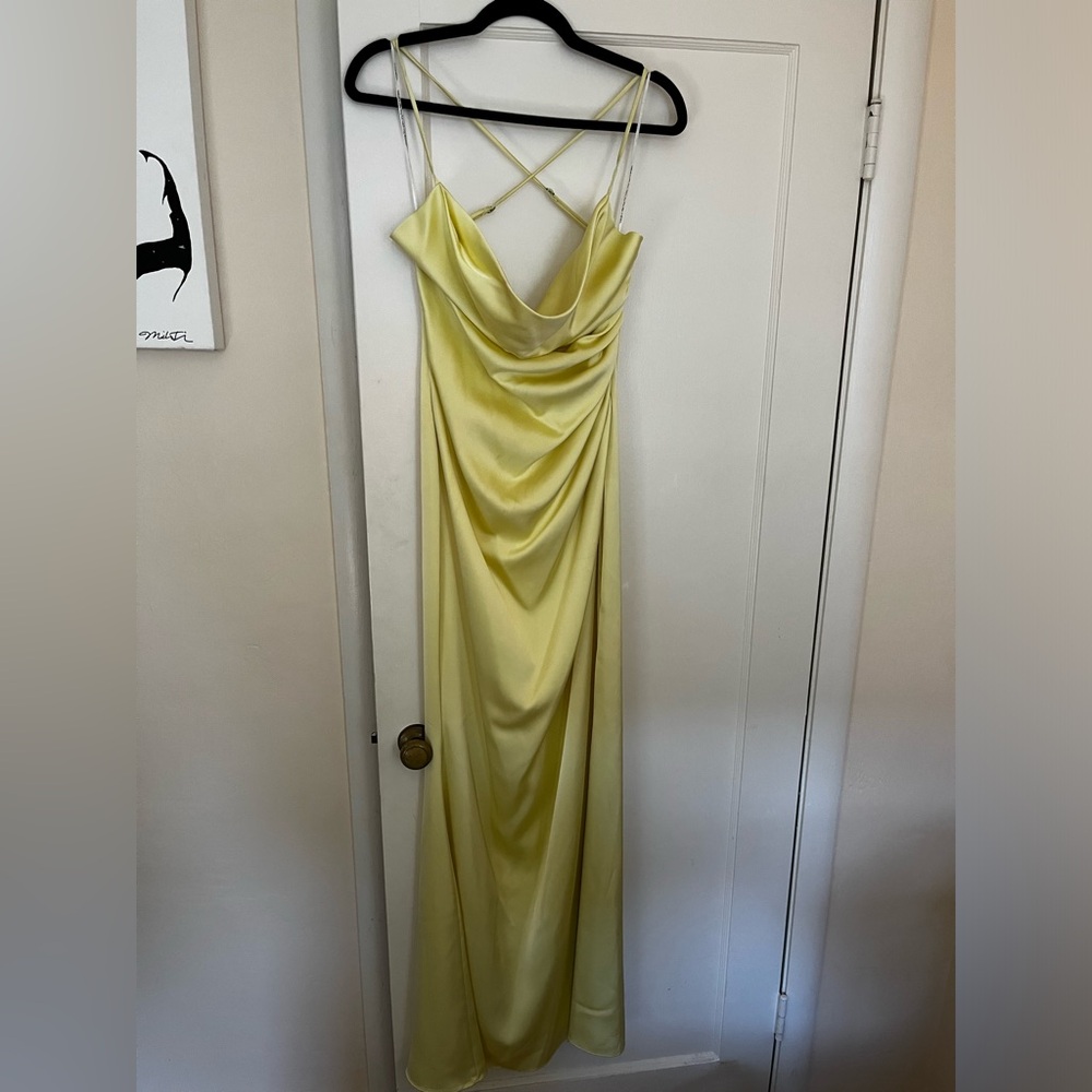 Katie May Ryder Gown in Daffodil satin draped neckline and back gorgeous